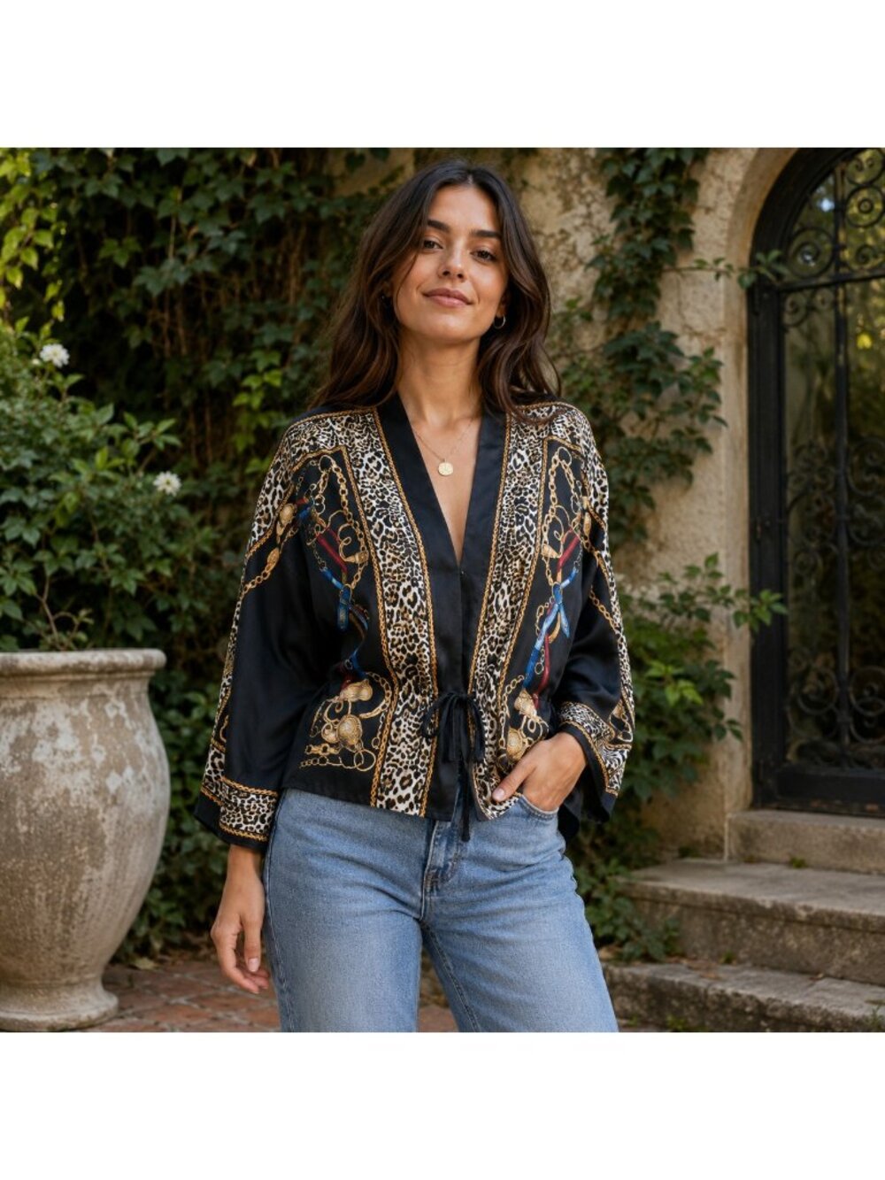 Chicos animal print equestrian front tie satin jacket shirt S/M